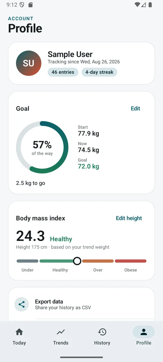 Profile: goal progress ring and BMI