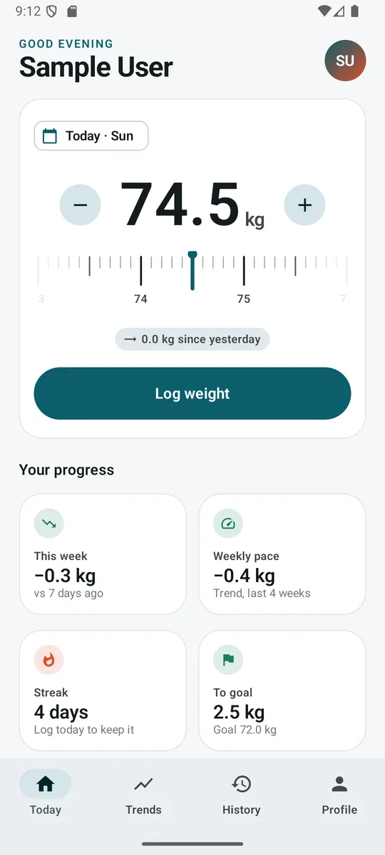 Taiju's Today screen: a ruler picker for logging weight